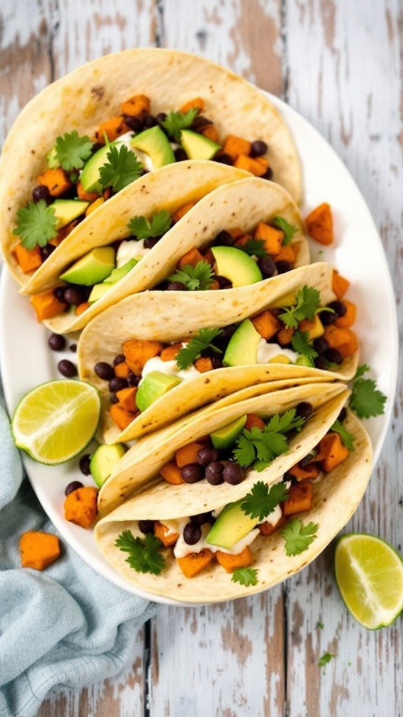 Savory sweet potato and black bean tacos topped with avocado and cilantro on a rustic table.